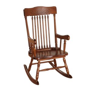 11 Inch Seat Height Wood Kids Rocking Chair, Spindle Accents, Tobacco Brown- Saltoro Sherpi