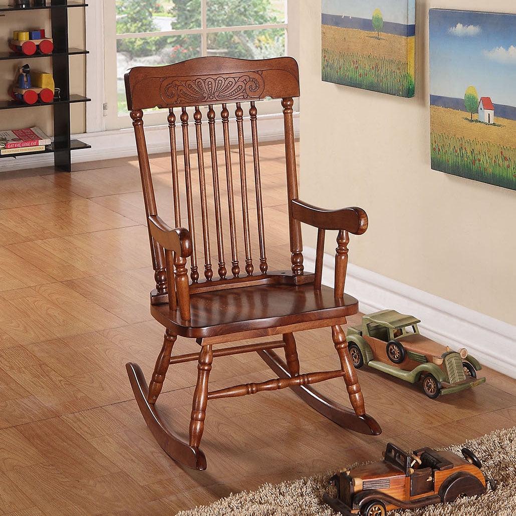 11 Inch Seat Height Wood Kids Rocking Chair, Spindle Accents, Tobacco Brown- Saltoro Sherpi - Image 2