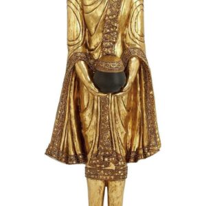16" x 54" Gold Polystone Standing Floor Buddha Sculpture with Engraved Carvings and Relief Detailing, by DecMode