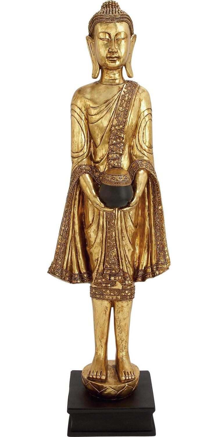 16" x 54" Gold Polystone Standing Floor Buddha Sculpture with Engraved Carvings and Relief Detailing, by DecMode