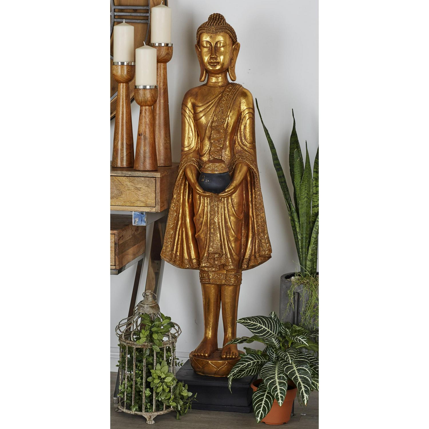 16" x 54" Gold Polystone Standing Floor Buddha Sculpture with Engraved Carvings and Relief Detailing, by DecMode - Image 3