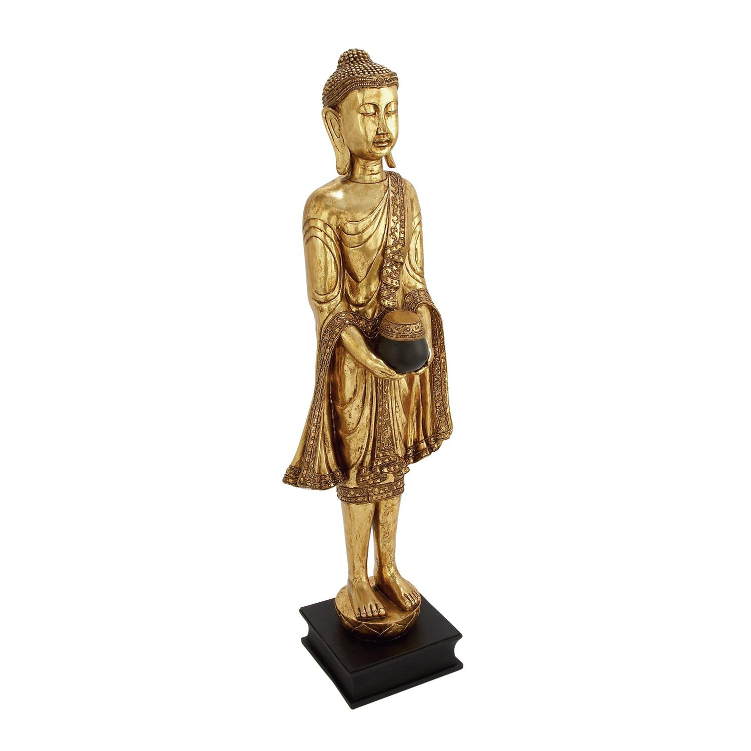 16" x 54" Gold Polystone Standing Floor Buddha Sculpture with Engraved Carvings and Relief Detailing, by DecMode - Image 8
