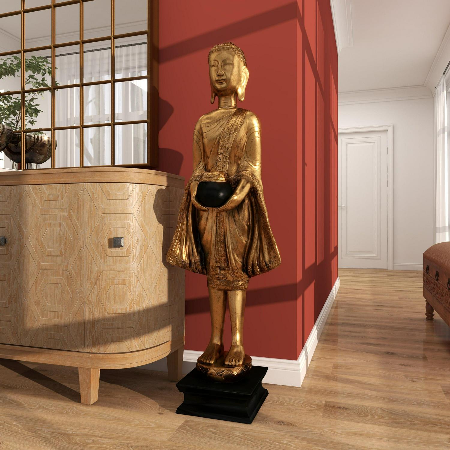 16" x 54" Gold Polystone Standing Floor Buddha Sculpture with Engraved Carvings and Relief Detailing, by DecMode - Image 14