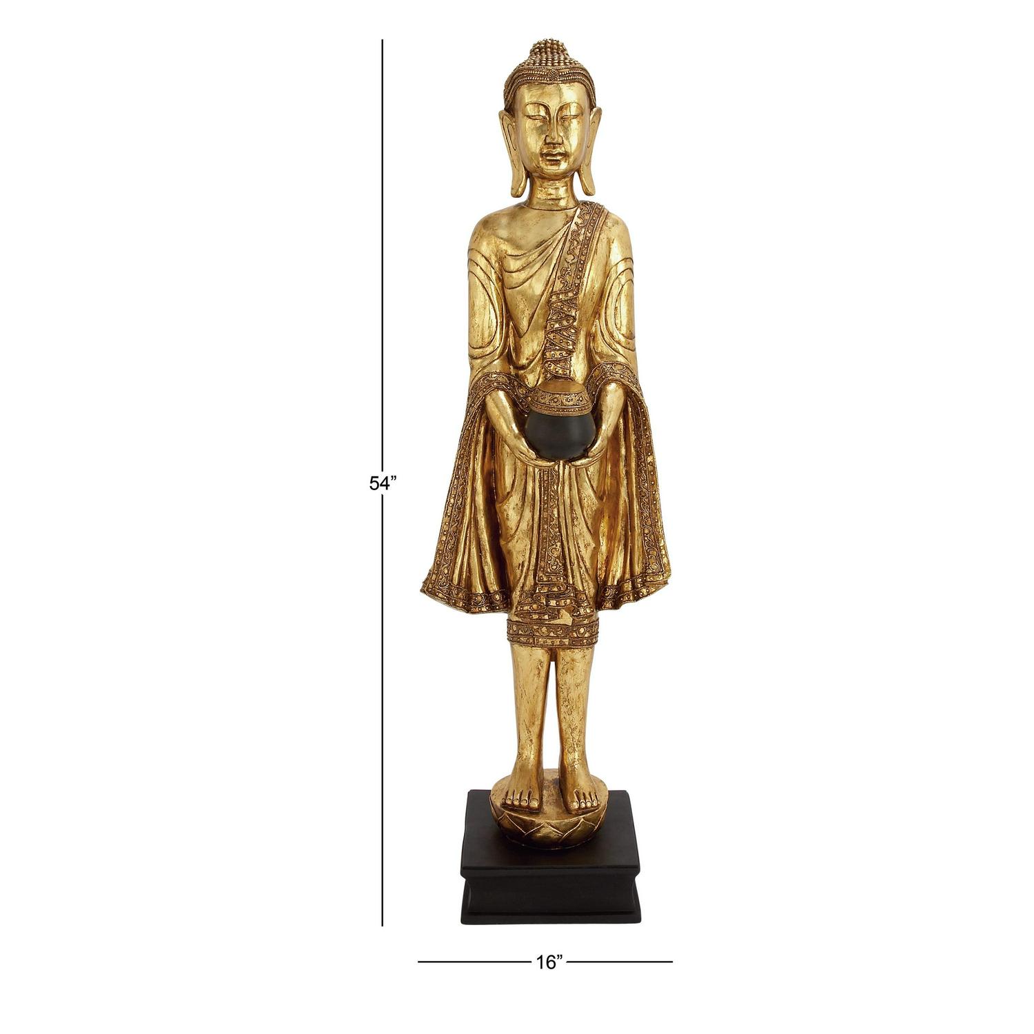 16" x 54" Gold Polystone Standing Floor Buddha Sculpture with Engraved Carvings and Relief Detailing, by DecMode - Image 4
