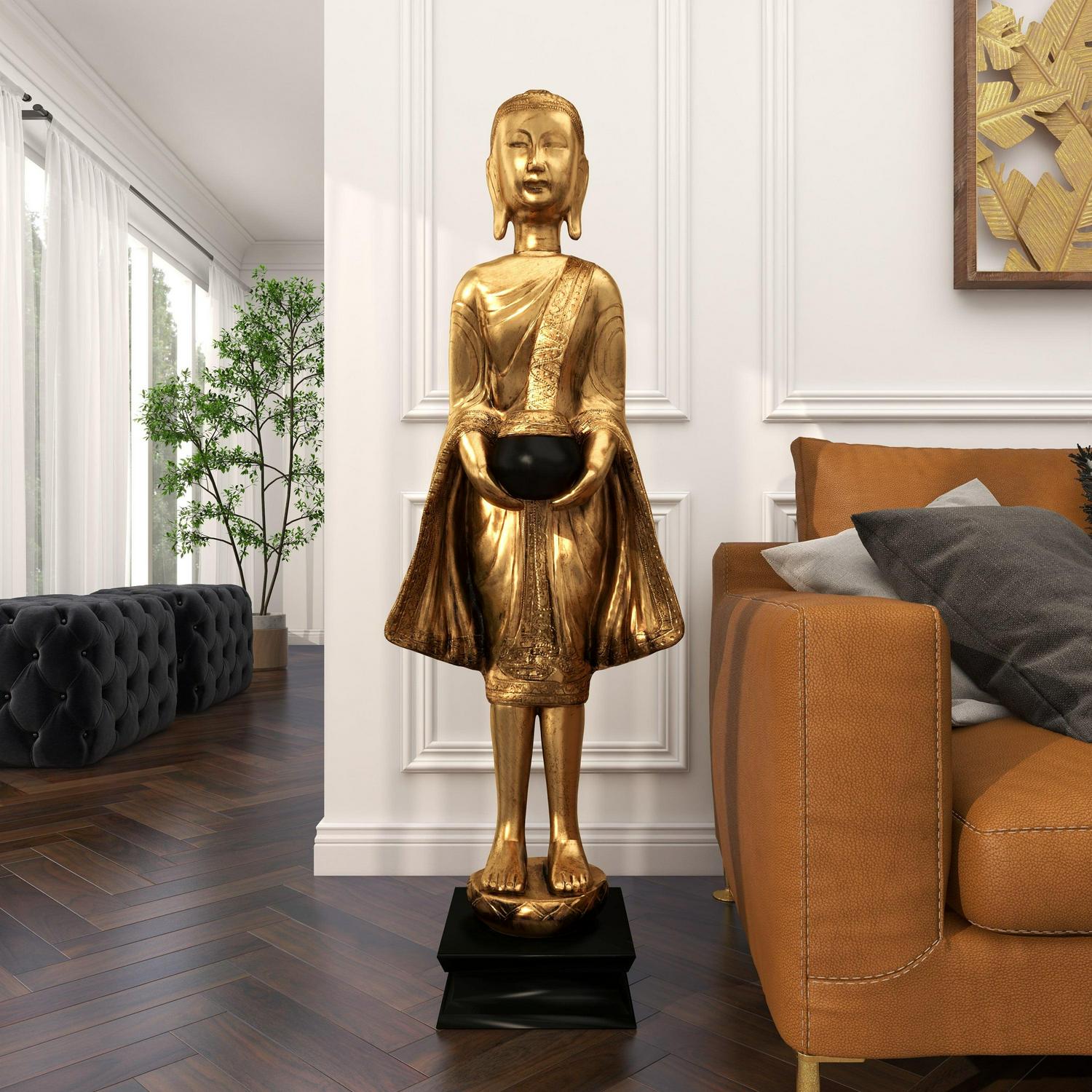 16" x 54" Gold Polystone Standing Floor Buddha Sculpture with Engraved Carvings and Relief Detailing, by DecMode - Image 15