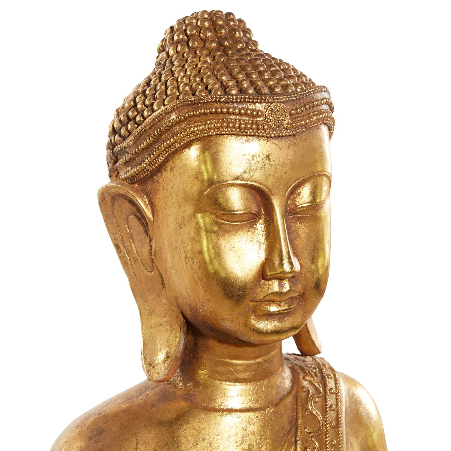 16" x 54" Gold Polystone Standing Floor Buddha Sculpture with Engraved Carvings and Relief Detailing, by DecMode - Image 6
