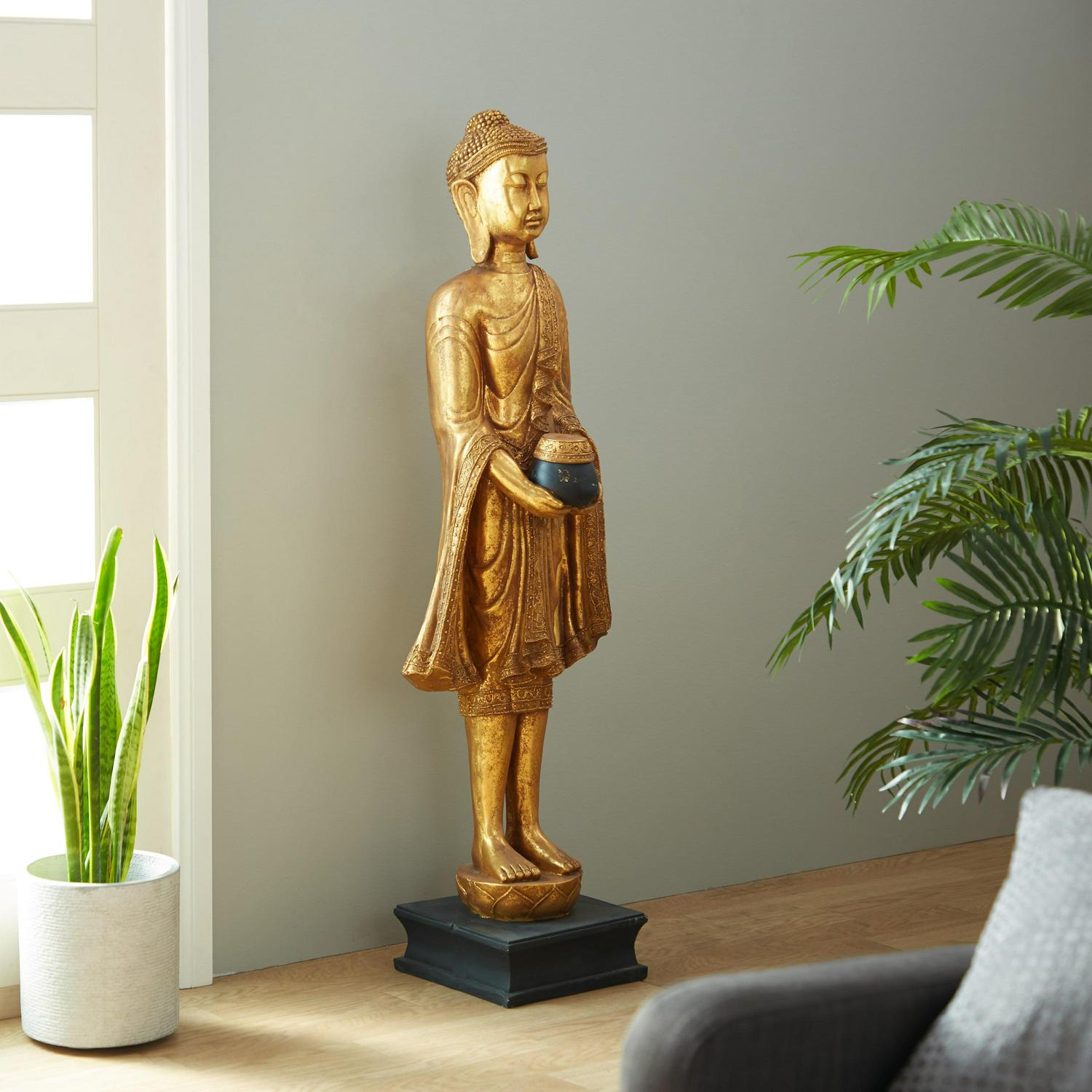 16" x 54" Gold Polystone Standing Floor Buddha Sculpture with Engraved Carvings and Relief Detailing, by DecMode - Image 2