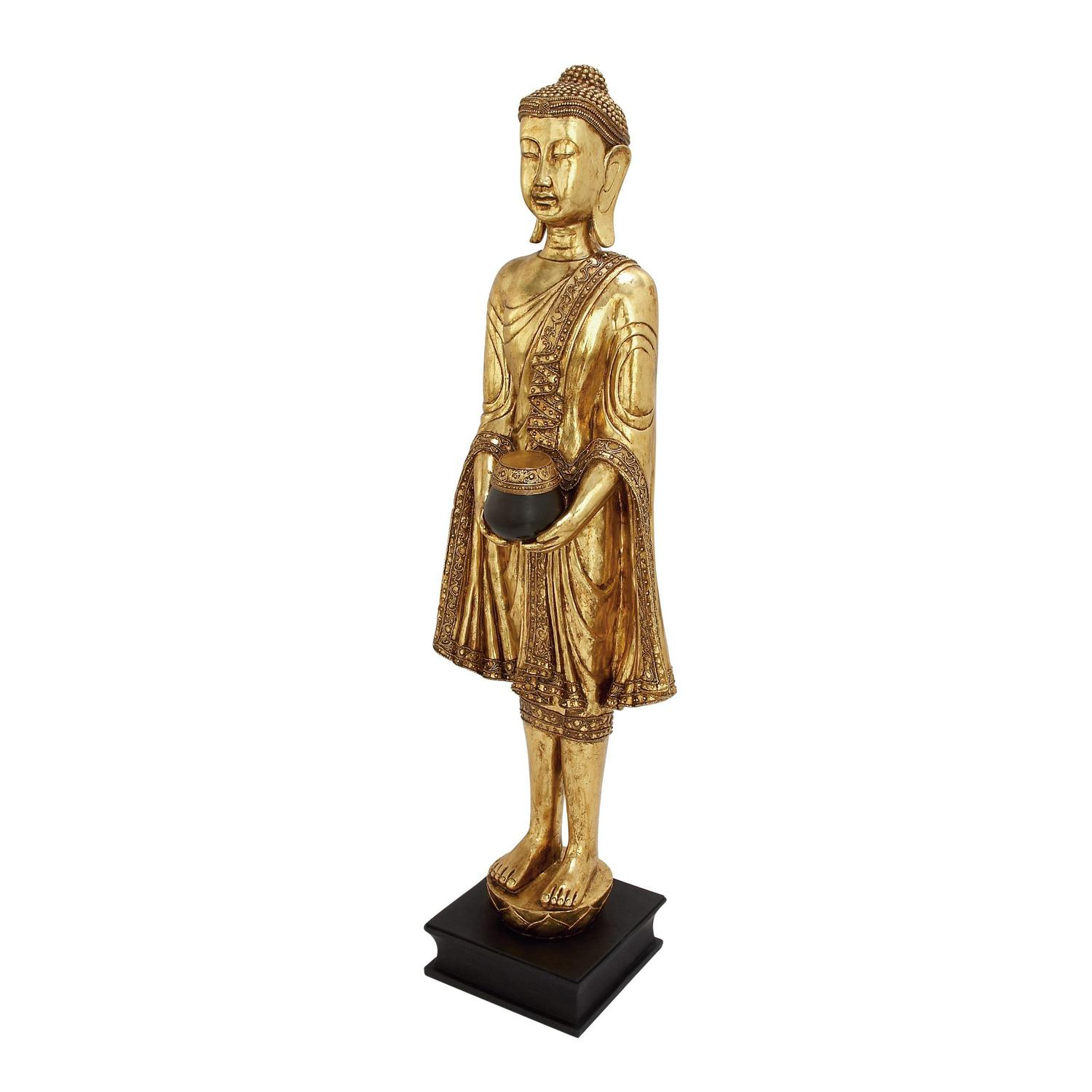 16" x 54" Gold Polystone Standing Floor Buddha Sculpture with Engraved Carvings and Relief Detailing, by DecMode - Image 9