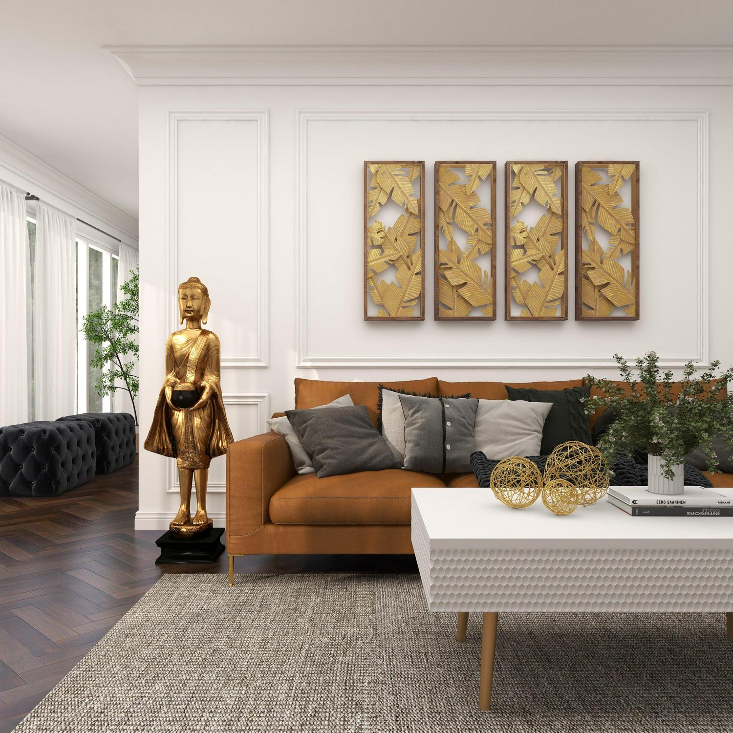 16" x 54" Gold Polystone Standing Floor Buddha Sculpture with Engraved Carvings and Relief Detailing, by DecMode - Image 17