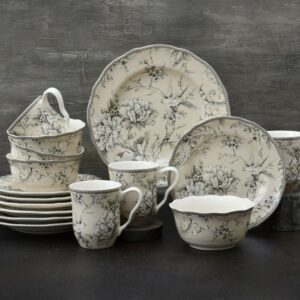 222 Fifth Adelaide Round 16-Piece Porcelain Dinnerware Set, White Toile