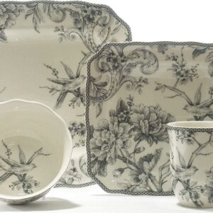 222 Fifth Adelaide Square Porcelain Dinnerware Collection, 16-Piece Set, Grey Toile