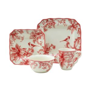 222 Fifth Christmas Lane 16-Pc Porcelain Red Dinnerware Set, Dishwasher Safe