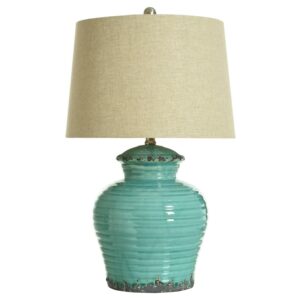 24.5" Ceramic Table Lamp - Turquoise Finish - Beige Hardback Linen Shade