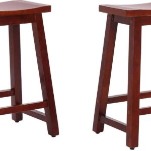 24" Inch Solid Wood Saddle Bar Stool (Set of 2), Cherry
