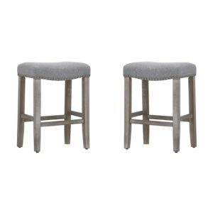 24" Inch Upholstered Saddle Seat Bar Stool (Set of 2), Antique Gray/Gray
