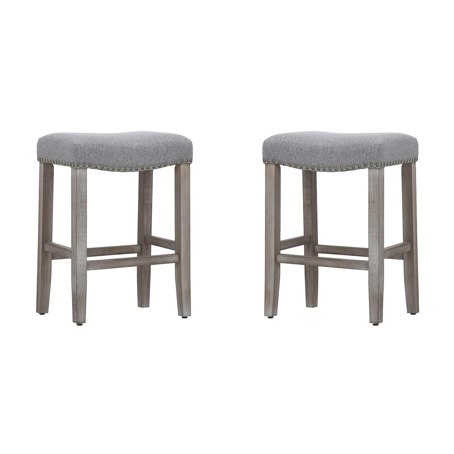 24" Inch Upholstered Saddle Seat Bar Stool (Set of 2), Antique Gray/Gray