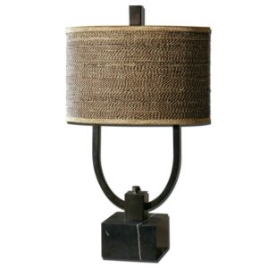 Uttermost Stabina Marble Metal and Cane Table Lamp in Rustic Bronze/Brown/Tan