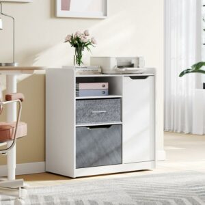 2-Drawer Lateral Wood File Cabinet with Door, Mobile Filing Cabinet for Hanging A4/Letter or Legal Size File Folders, White and Faux Marble