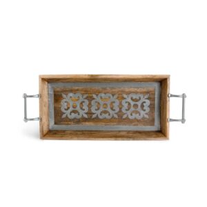 30" Brown and Gray Wooden Floral Pattern Rectangular Serving Tray