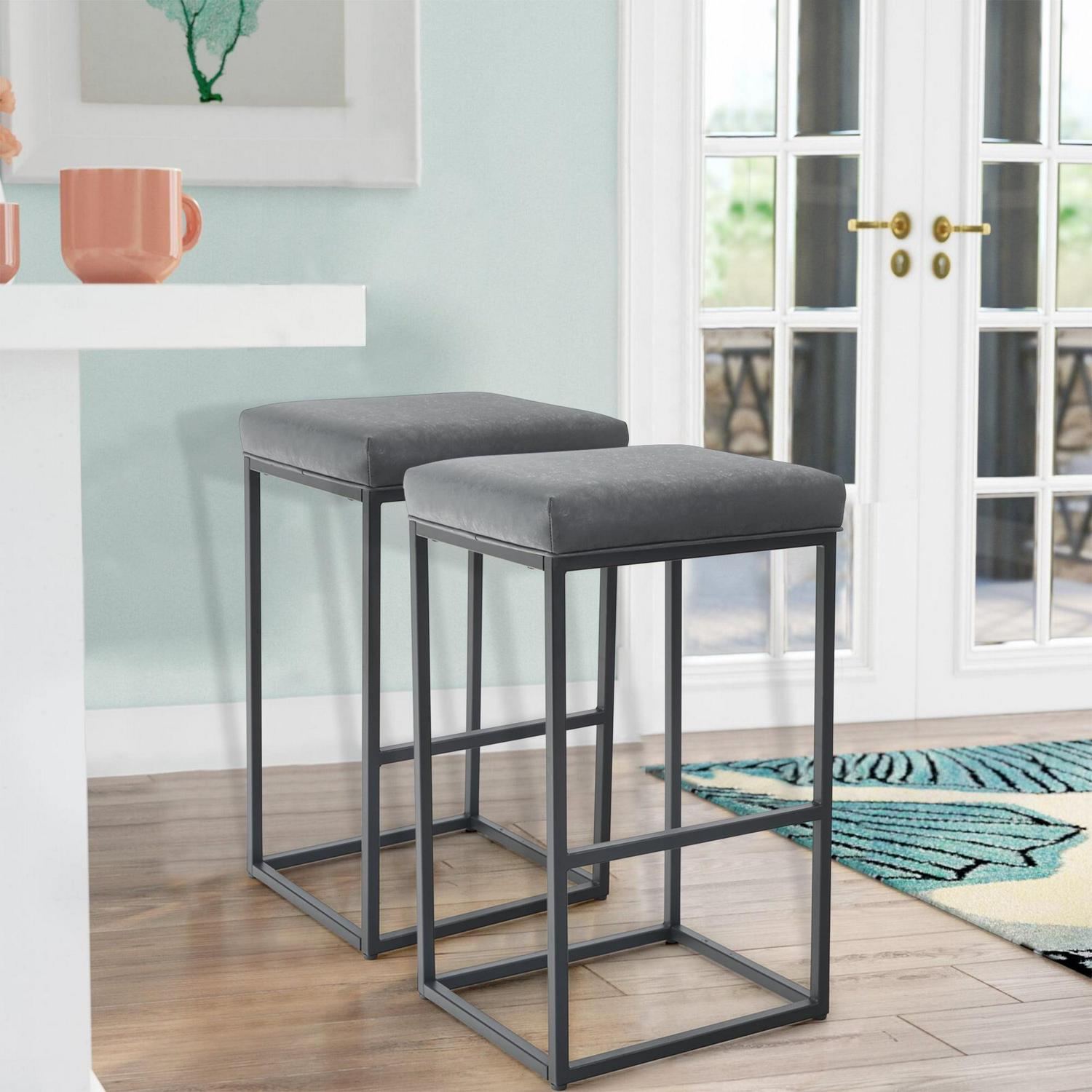 30" Counter Height Bar Stools Footrest PU Leather Set of 2 Armless Bar Stools Metal Steel Frame Base, Gray - Image 2