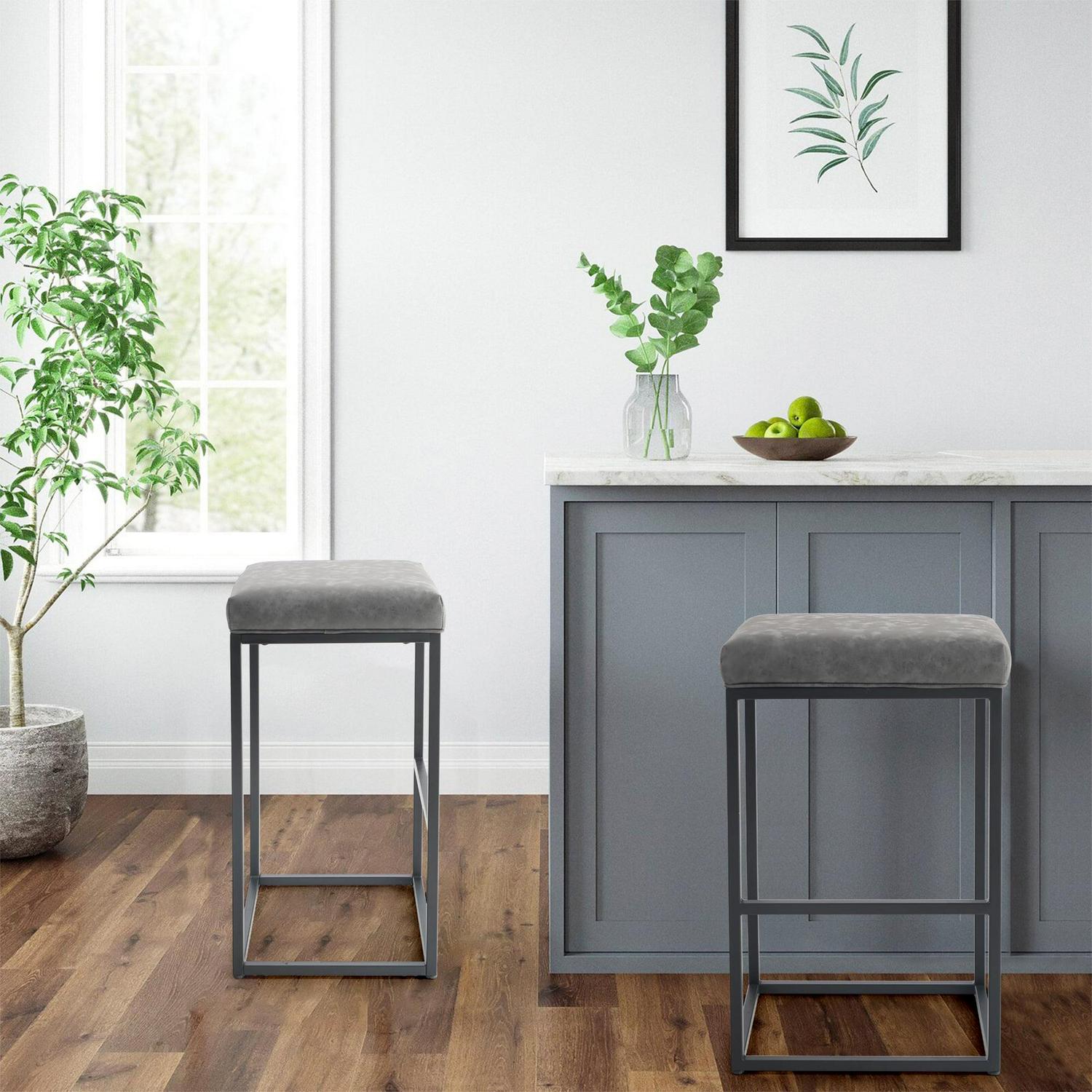 30" Counter Height Bar Stools Footrest PU Leather Set of 2 Armless Bar Stools Metal Steel Frame Base, Gray