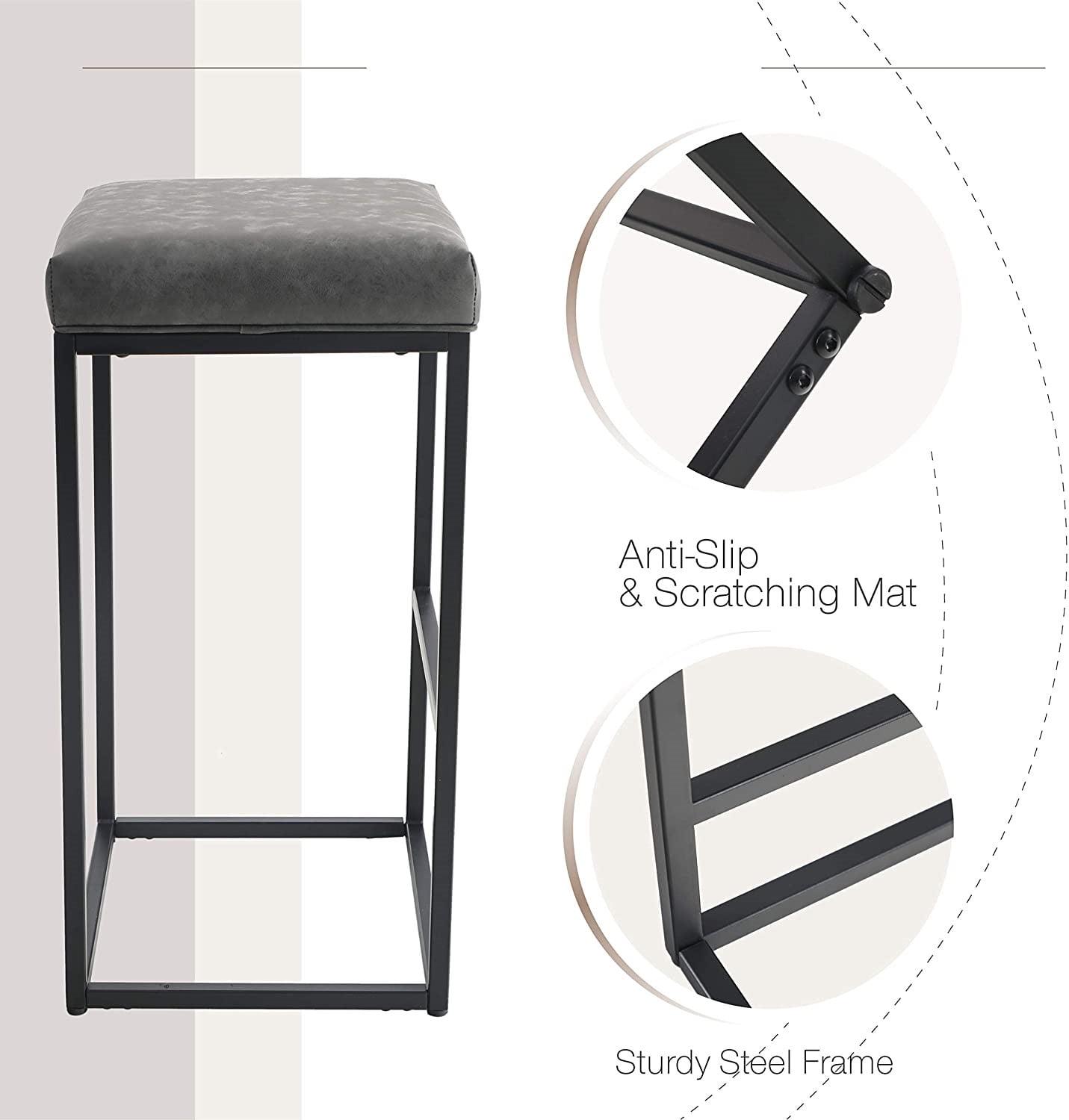 30" Counter Height Bar Stools Footrest PU Leather Set of 2 Armless Bar Stools Metal Steel Frame Base, Gray - Image 6