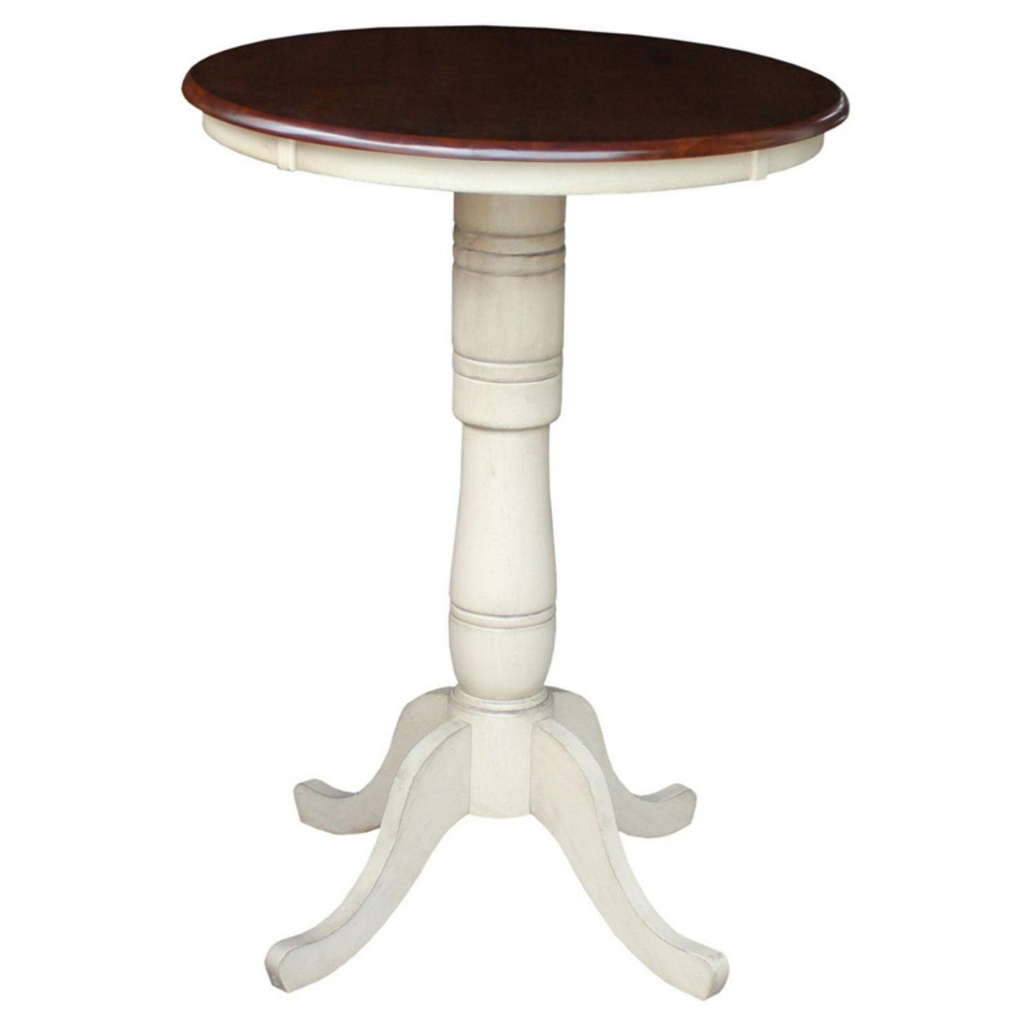 30" Round Top Pedestal Bar Height Table, 40.9"H in Antiqued Almond/Espresso