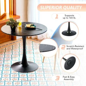 32 Inch Round Kitchen & Dining Room Table w Marble Desktop Tulip Pedestal, Black