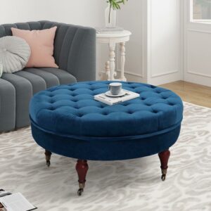 ABBLE Diameter 32 in. Navy Velvet Upholstered Round Cocktail Ottoman with Caster Wheels
