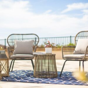 3PCS Outdoor Patio Bistro Wicker Chat 2 Chairs and Side Table with Cushion Seat