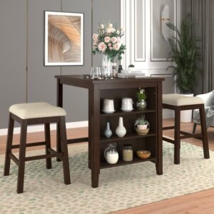 3 Piece 35.8" Dining Table with Padded Stools, Table Set with Storage Shelf,Brown