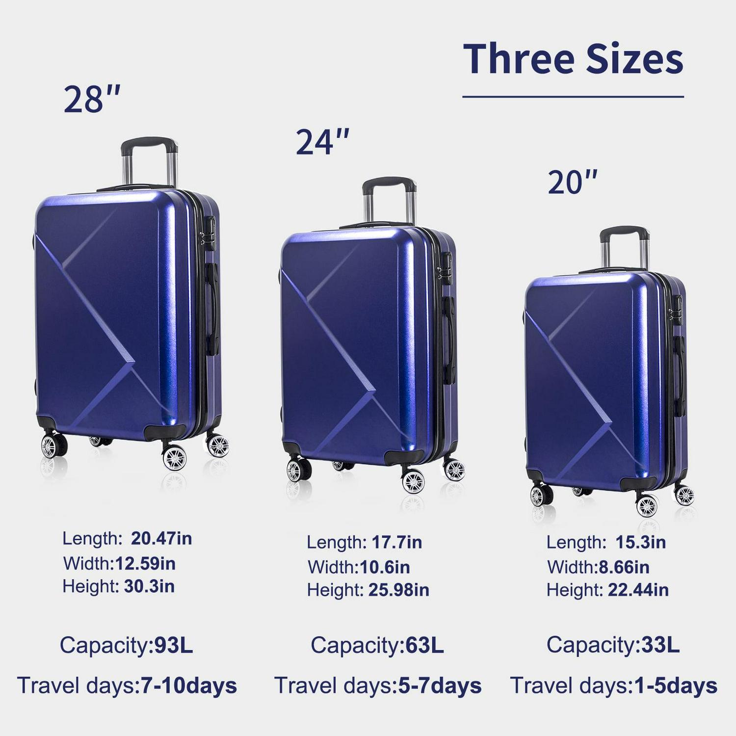 3 Piece Luggage Sets with Hardside Expandable Spinner Wheel (20/24/28), Blue - Image 2