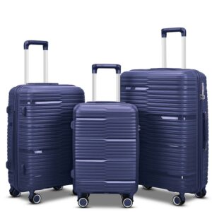 3 Piece Luggage Sets, PP Hardside Suitcase Set, TSA Lock, Blue