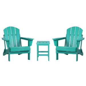 Polytrends Laguna Hdpe All Weather Outdoor Patio Foldable Adirondack Chairs With Side Table (3-Piece Set) Turquoise