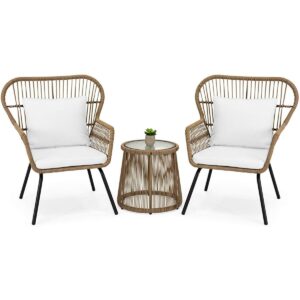3-Piece Patio Wicker Conversation Bistro Set w/ 2-Chairs, Glass Top Side Table, Cushions
