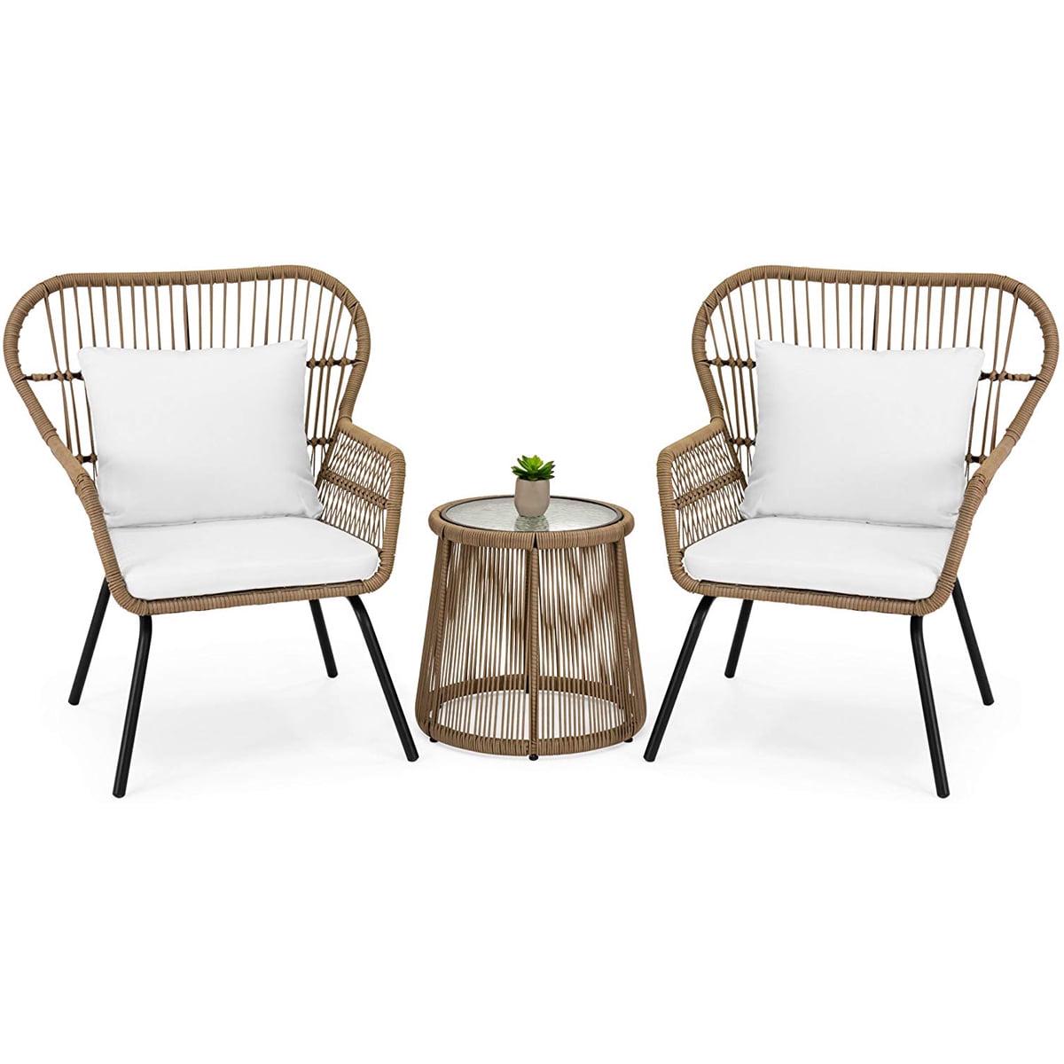 3-Piece Patio Wicker Conversation Bistro Set w/ 2-Chairs, Glass Top Side Table, Cushions