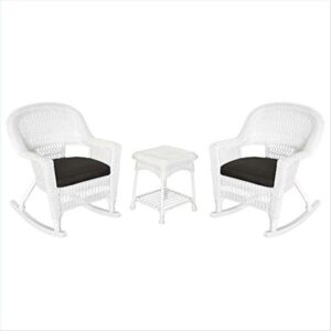 3pc White Rocker Wicker Chair Set With Black Cushion