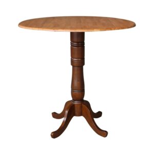 42" Round Solid Wood Dual Drop Leaf Pedestal Table in Cinnamon/Espresso - 41.5"H Bar Height by International Concepts