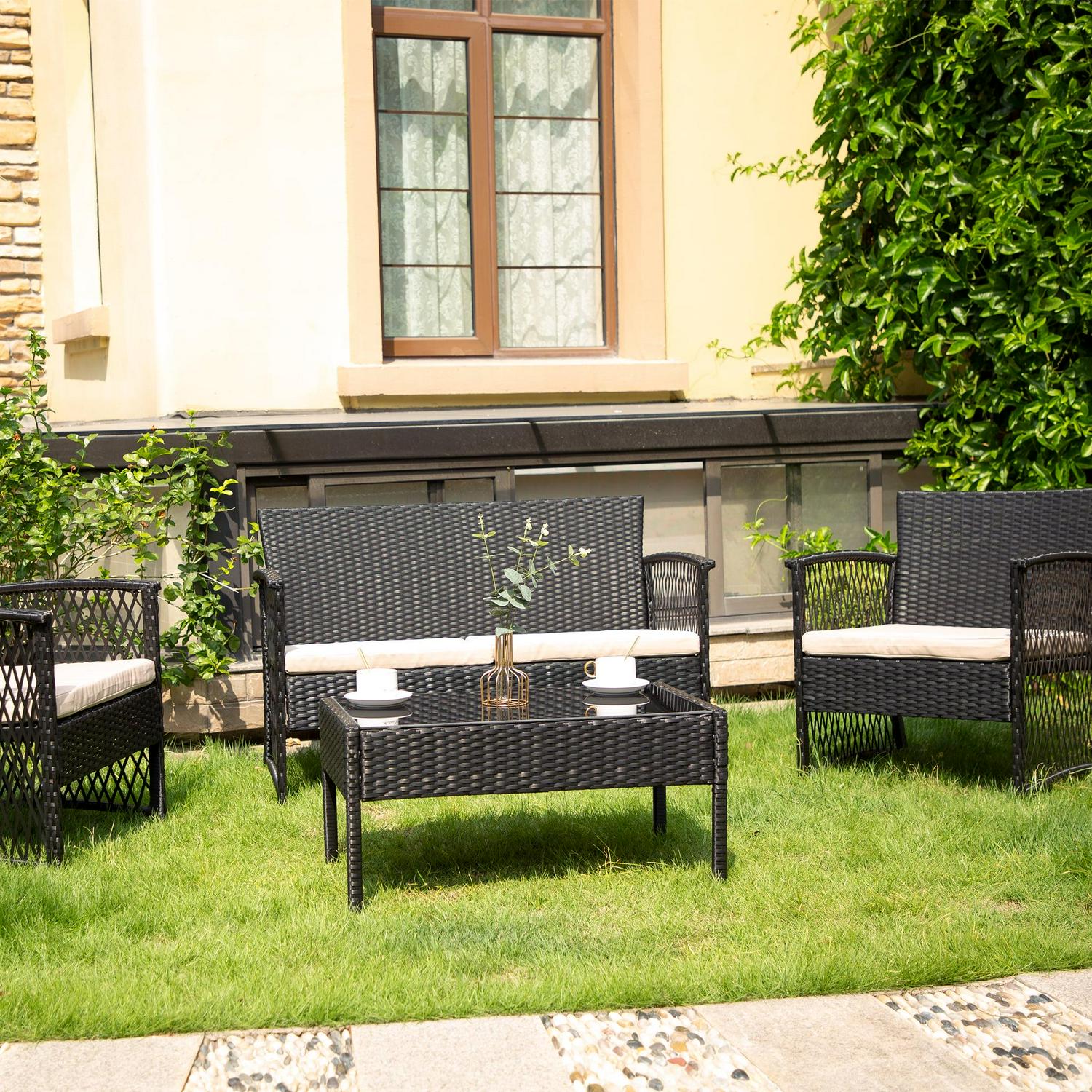 Westin Furniture Madison Outdoor 4-Piece Rattan Patio Furniture Chat Set Black/Beige - Image 2
