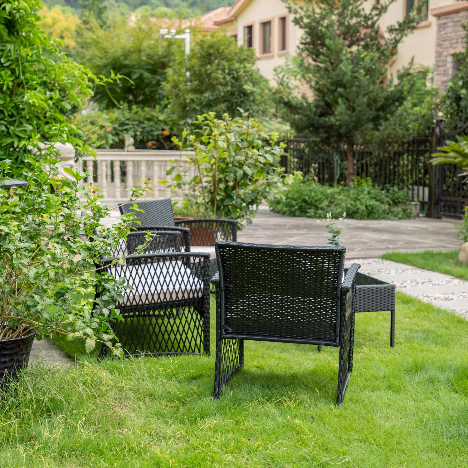 Westin Furniture Madison Outdoor 4-Piece Rattan Patio Furniture Chat Set Black/Beige - Image 4