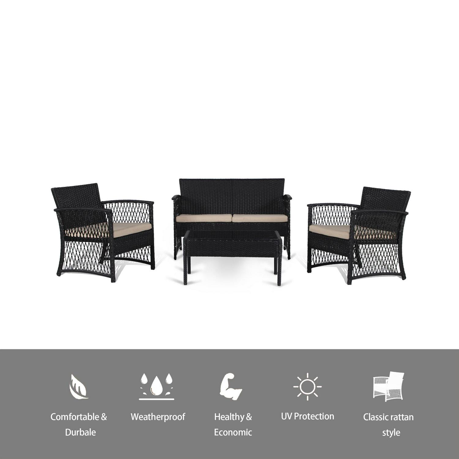 Westin Furniture Madison Outdoor 4-Piece Rattan Patio Furniture Chat Set Black/Beige - Image 8