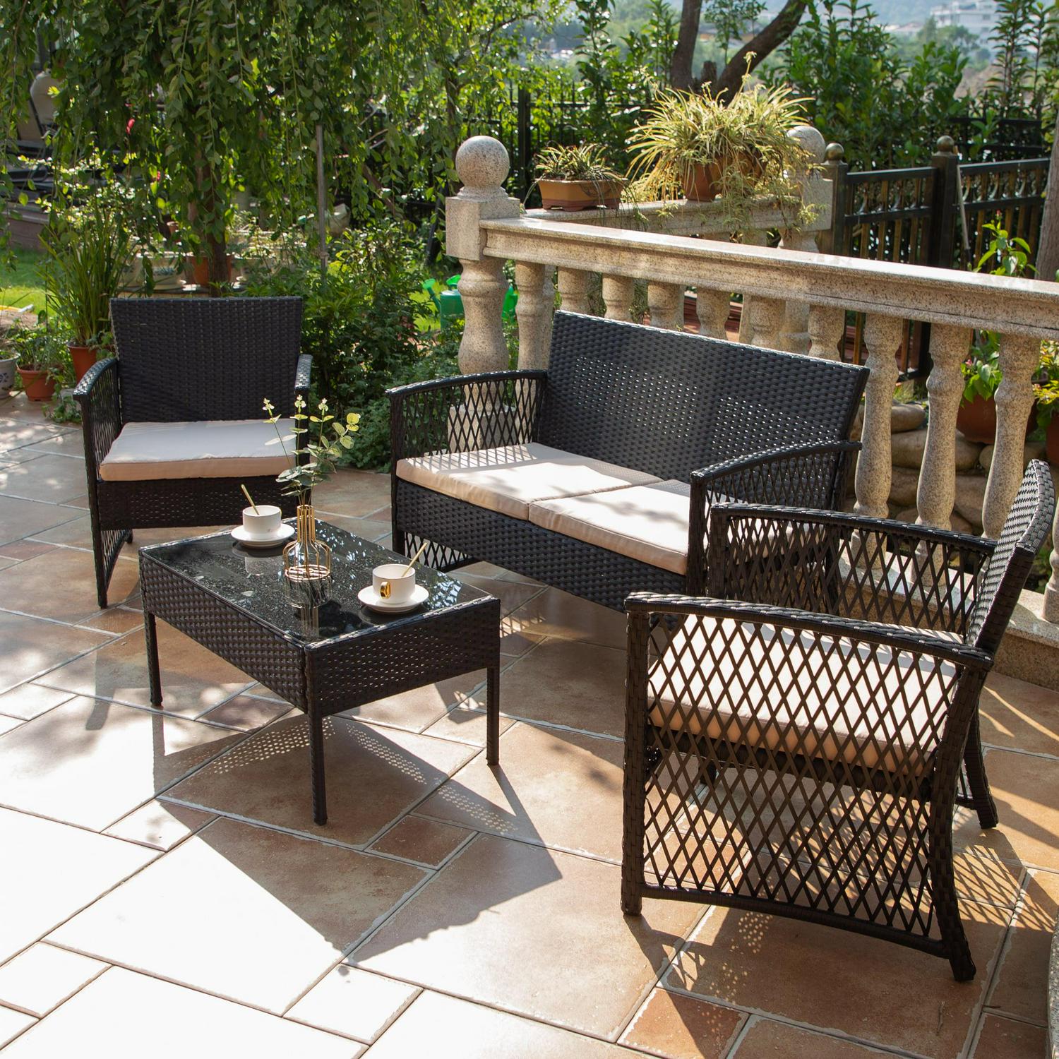 Westin Furniture Madison Outdoor 4-Piece Rattan Patio Furniture Chat Set Black/Beige - Image 6