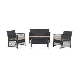 Westin Furniture Madison Outdoor 4-Piece Rattan Patio Furniture Chat Set Black/Beige