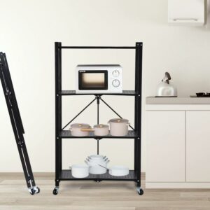 4-Tier Heavy Duty Foldable Metal Rack Storage Shelving Unit Utility Cart Suitable for Garage Kitchens, Black