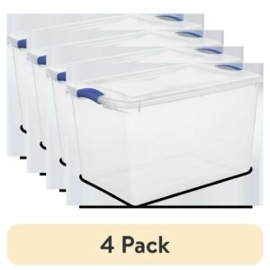 (4 pack) Sterilite 66 Quart Latch Box, Clear Plastic Storage Bin with Clear Lid, Blue Latch, 6 Pack