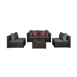5-Piece Outdoor Patio Rattan Wicker Sofa Conversation Set with Coffee Table and Cushions, Espresso/Gray