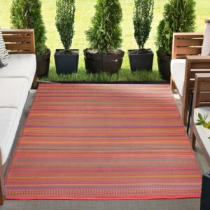 5x7 Waterproof, Reversible Plastic Straw Outdoor Rugs for Patios | Also for Camping, RV, Deck, Porch, Balcony, Camp, Patio | Red, Stripe | Size: 5' x 6'11''