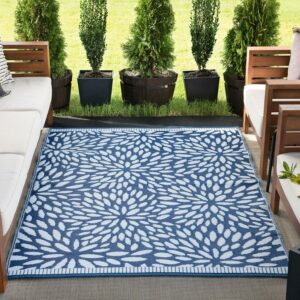 Bliss Rugs Waterproof Reversible Plastic Straw Floral Outdoor Rug for Patio, Camping, RV, Deck, Porch, Camp | Navy, 5' x 6'11''