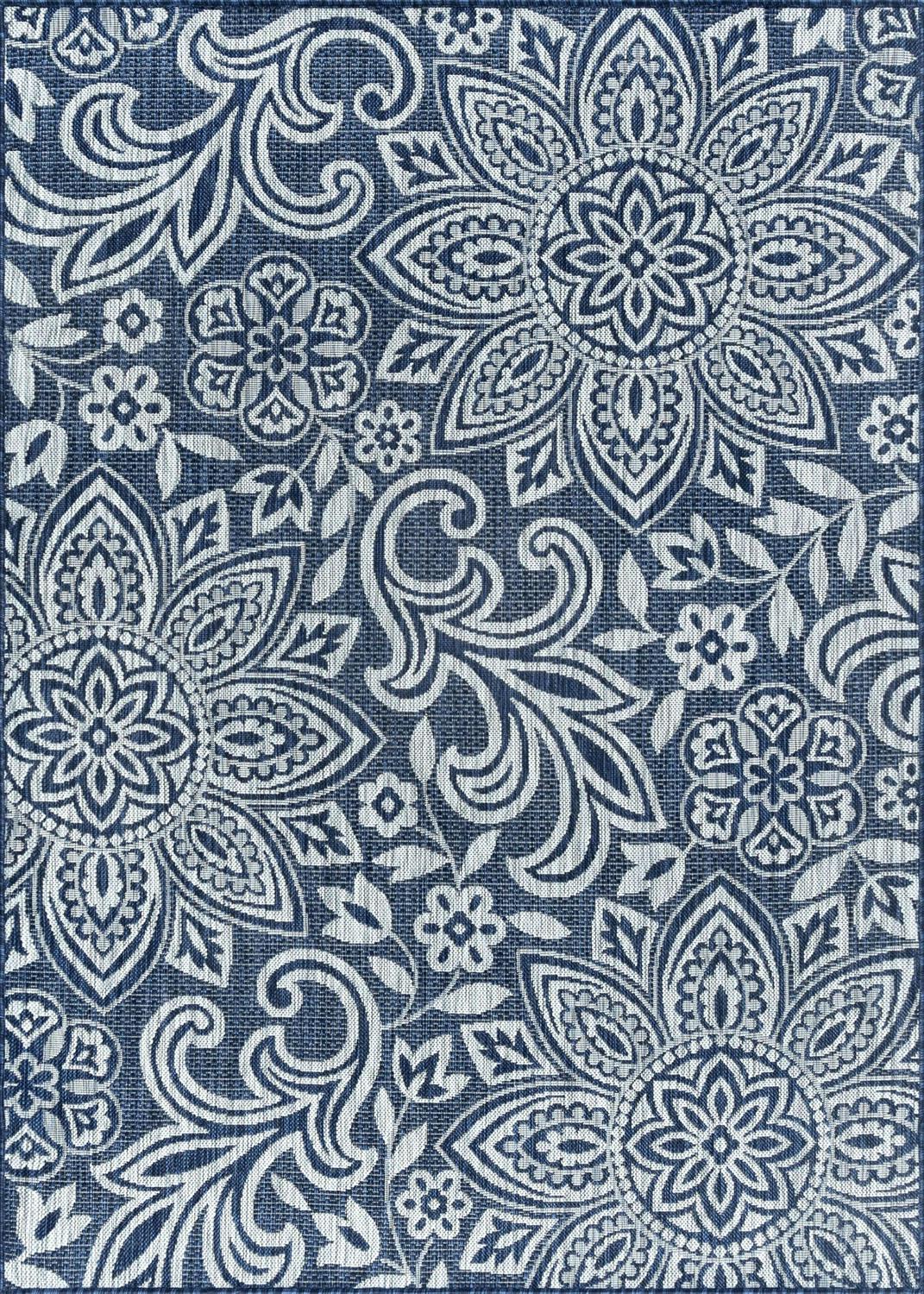 Bliss Rugs Floral Large Indoor Outdoor Area Rug for Patio, Porch, Garden | Navy and Light Gray, 5'3''x7'3'' - Image 2