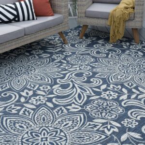 Bliss Rugs Floral Large Indoor Outdoor Area Rug for Patio, Porch, Garden | Navy and Light Gray, 5'3''x7'3''